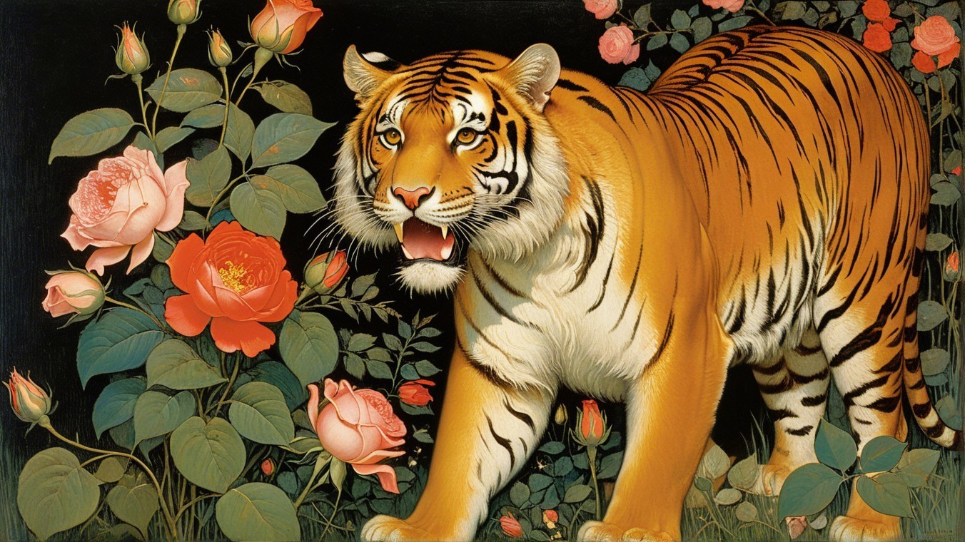 Tiger in a Lush Garden with Blooming Roses