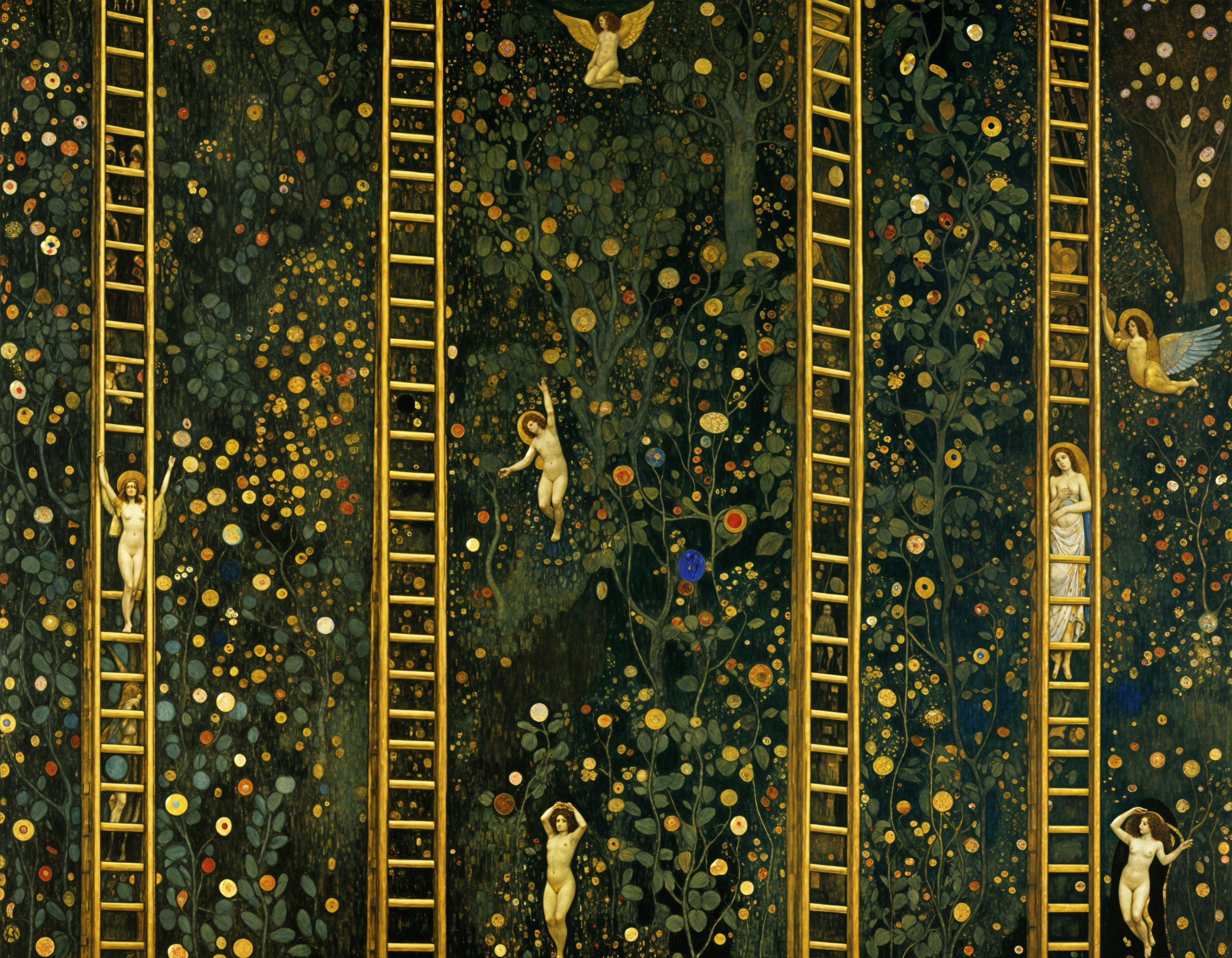 Vibrant Scene with Golden Ladders and Floral Abundance