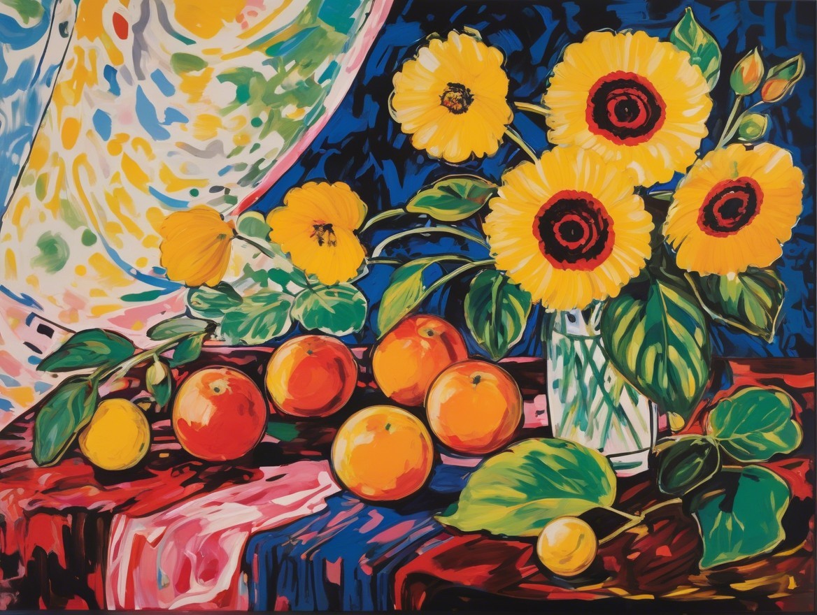 Vibrant Still Life with Sunflowers and Oranges
