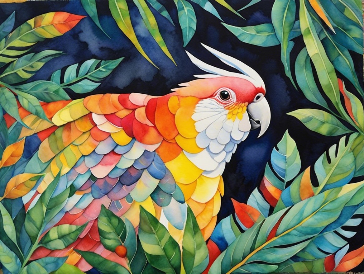 Vibrant Watercolor of Parrot Among Green Leaves