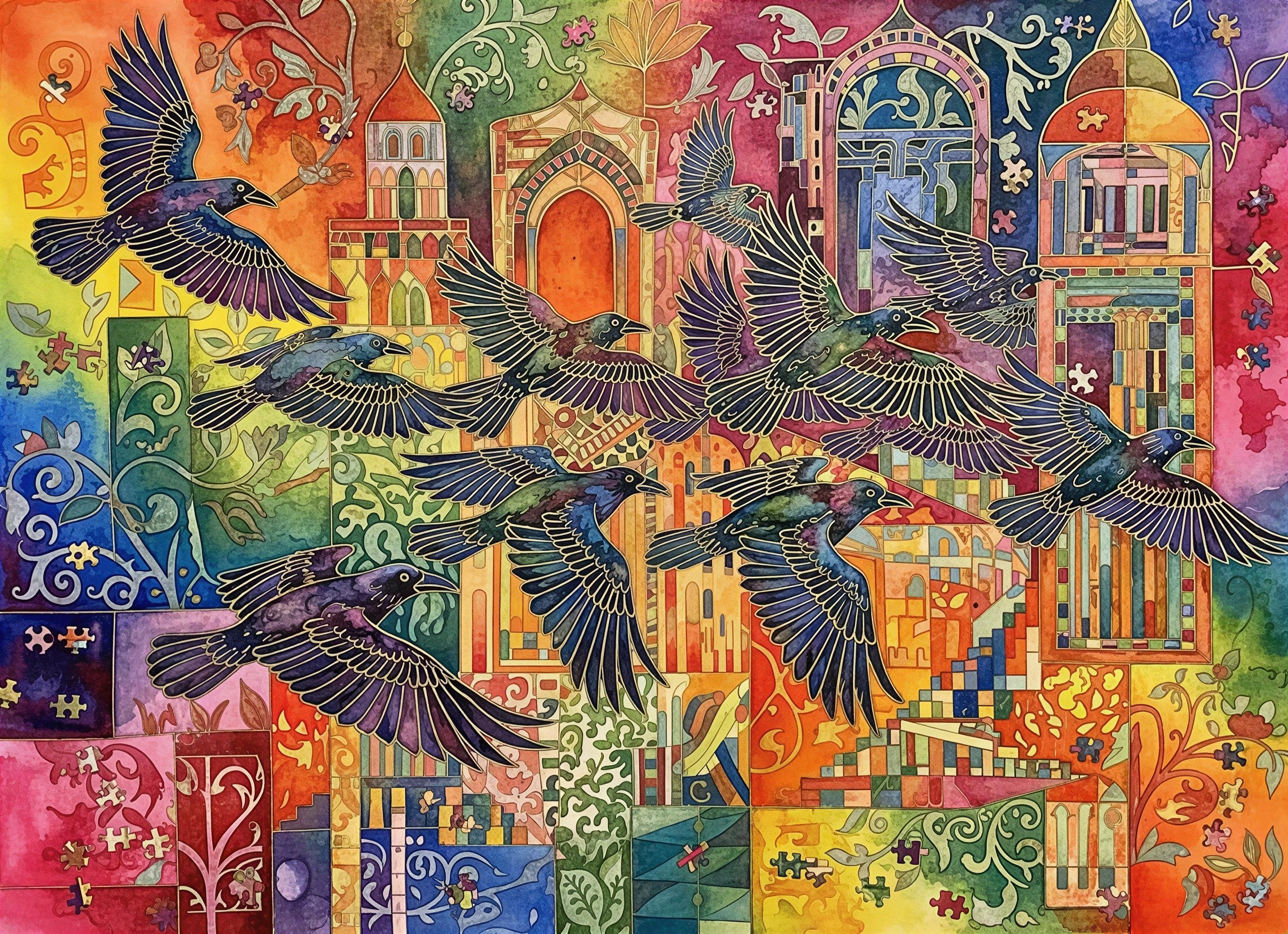 Vibrant Watercolor of Birds and Architectural Patterns