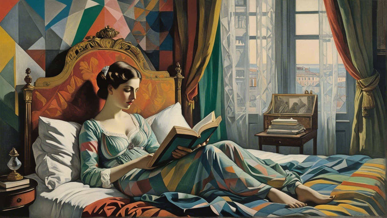 Young Woman Reading in Cozy, Sunlit Bedroom