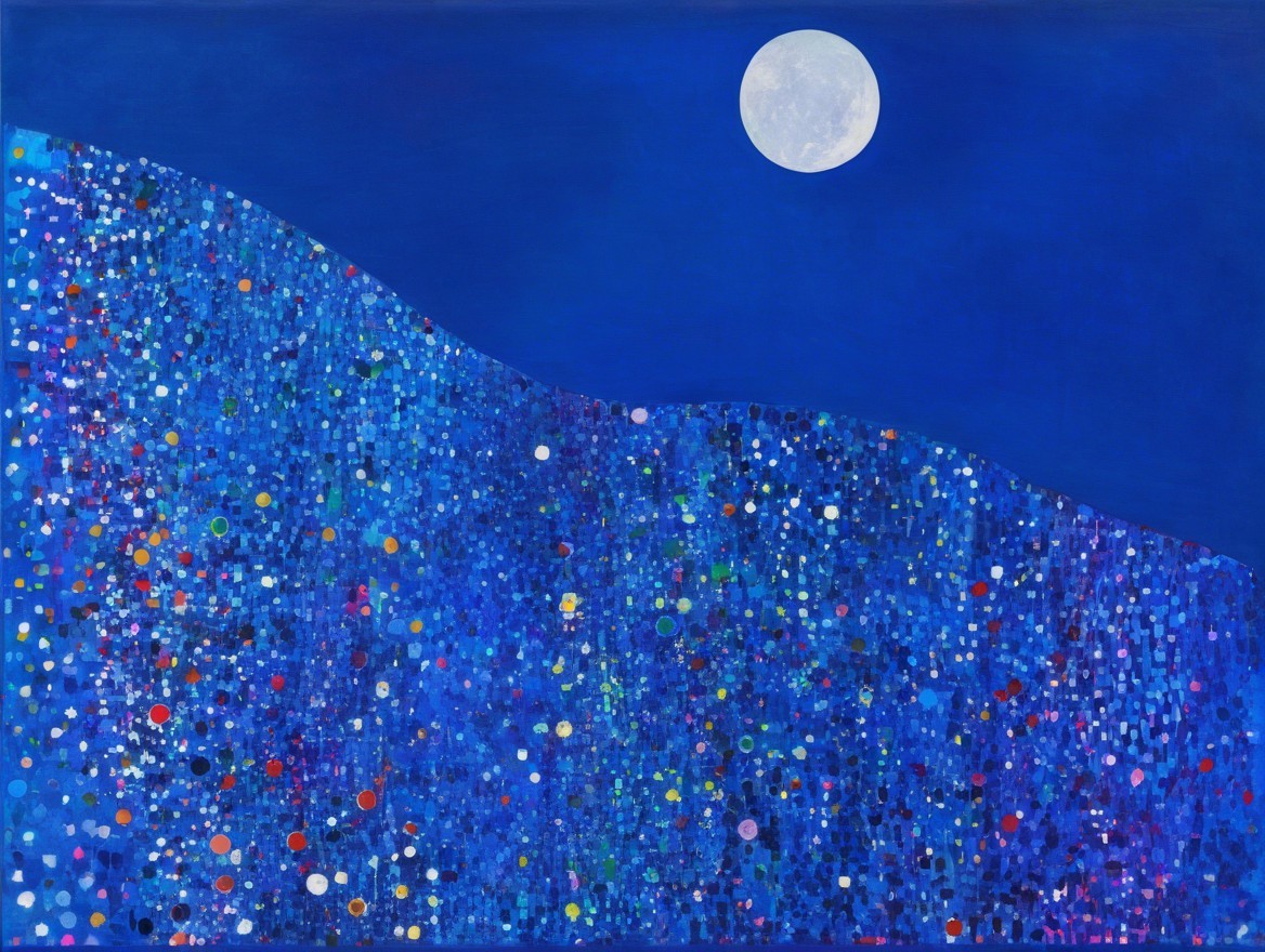 Vibrant Night Scene with Blue Hues and Full Moon