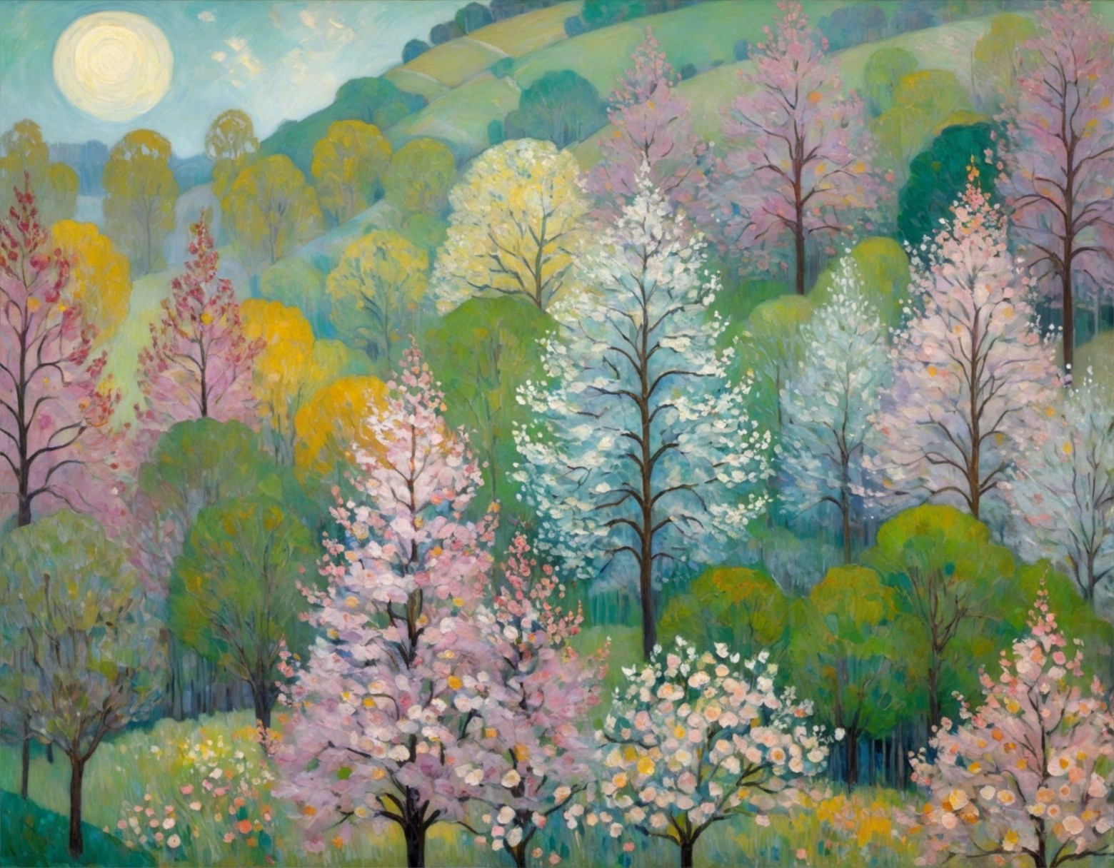 Vibrant Spring Landscape with Blossom Trees and Hills