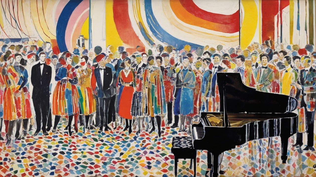 Elegant Figures in a Colorful Festive Atmosphere