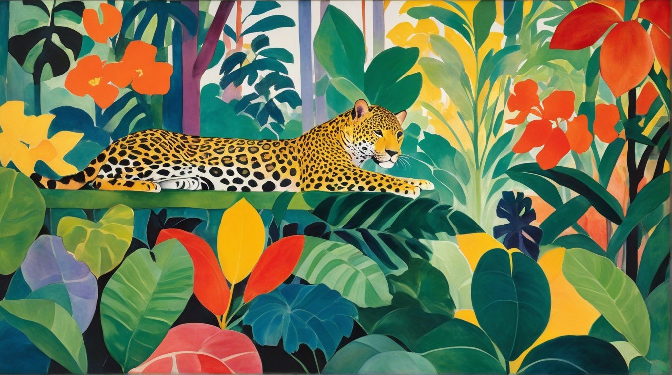 Vibrant Jungle Scene with Resting Leopard and Foliage