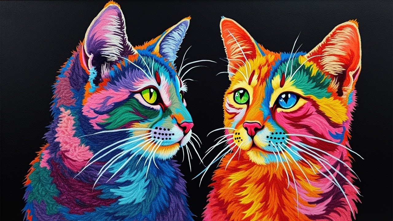 Vibrant Multi-Colored Cats on Black Background