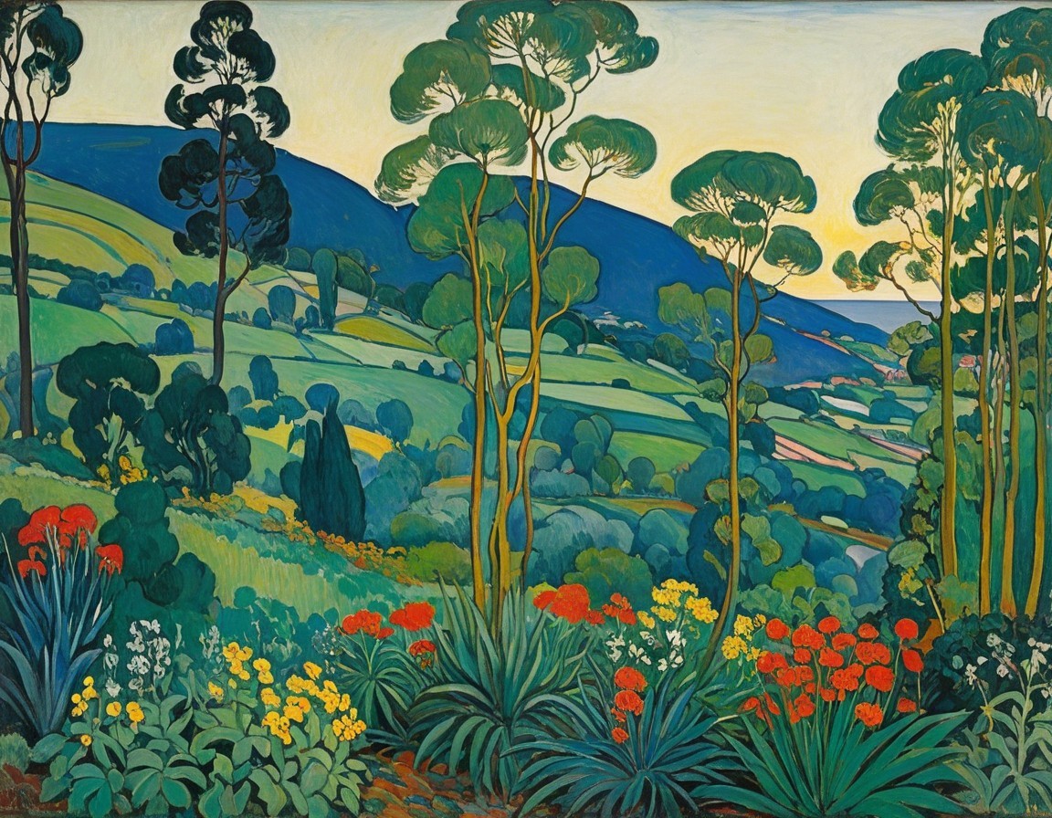 Vibrant Landscape with Rolling Hills and Colorful Flora
