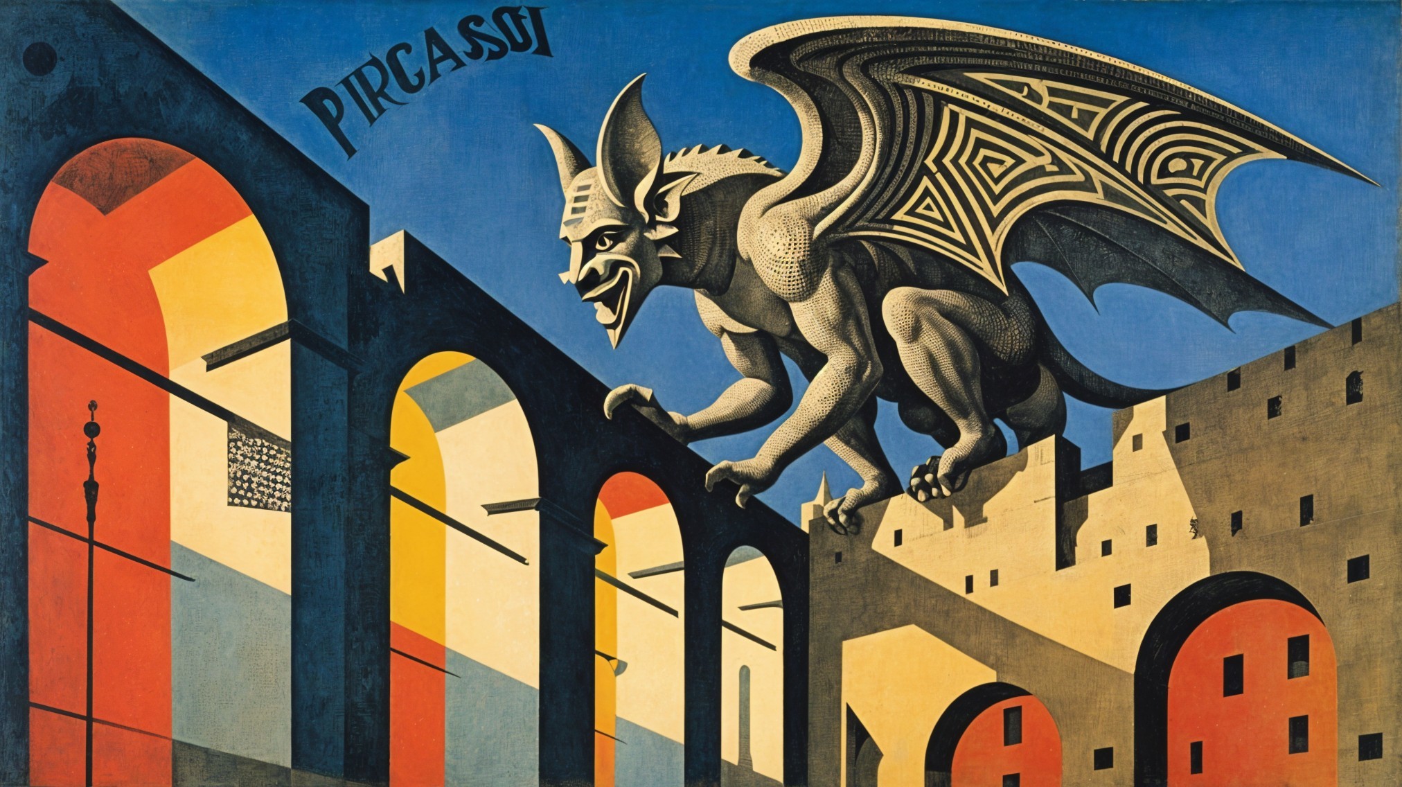 Stylized Gargoyle with Geometric Wings and Vibrant Background