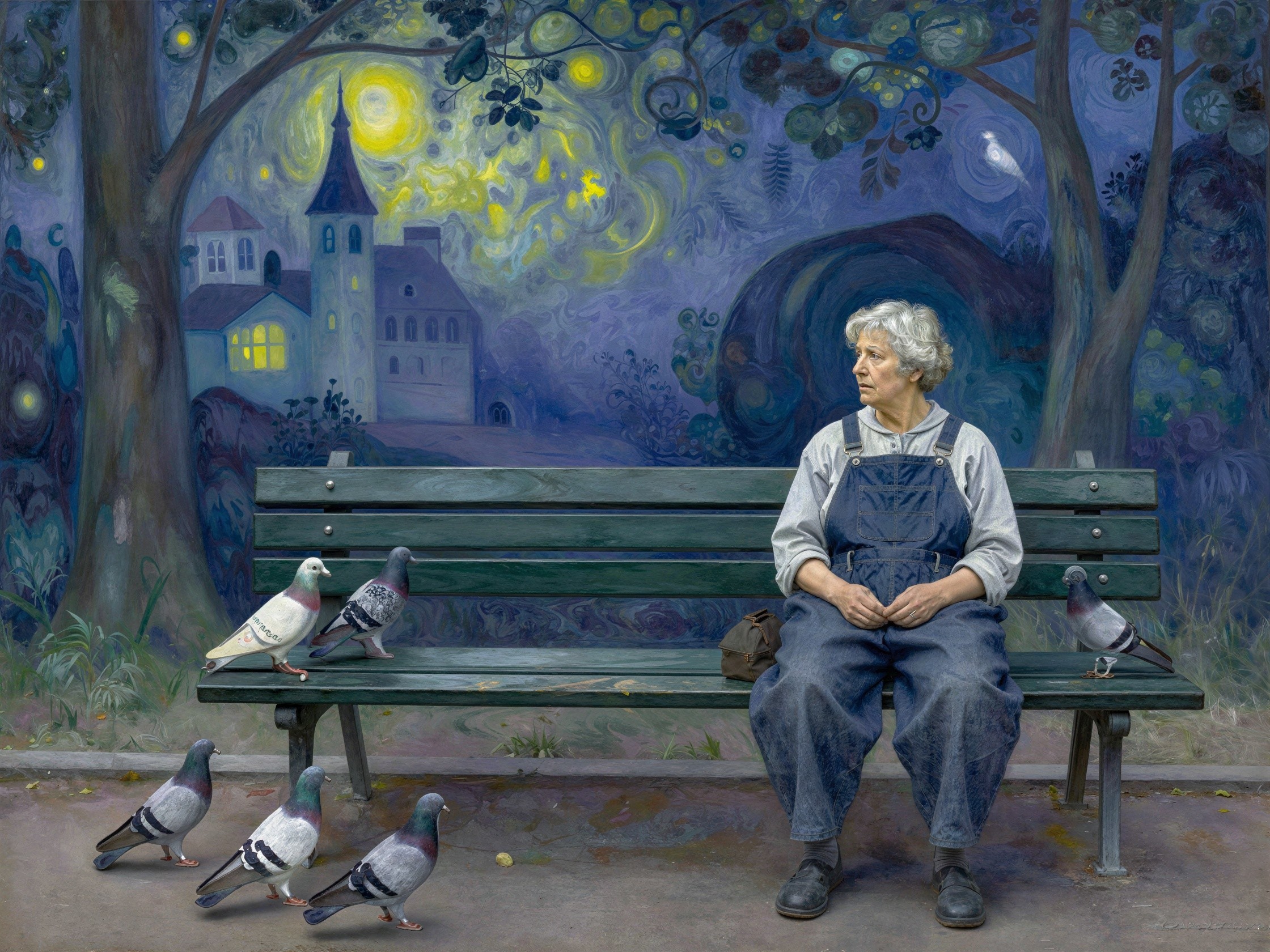 Oil Painting of an Elderly Woman on a Park Bench