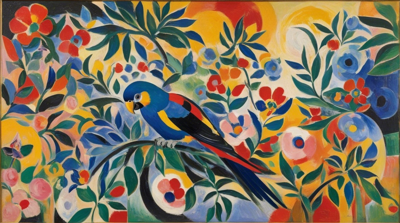 Colorful Parrot Painting with Lush Tropical Foliage