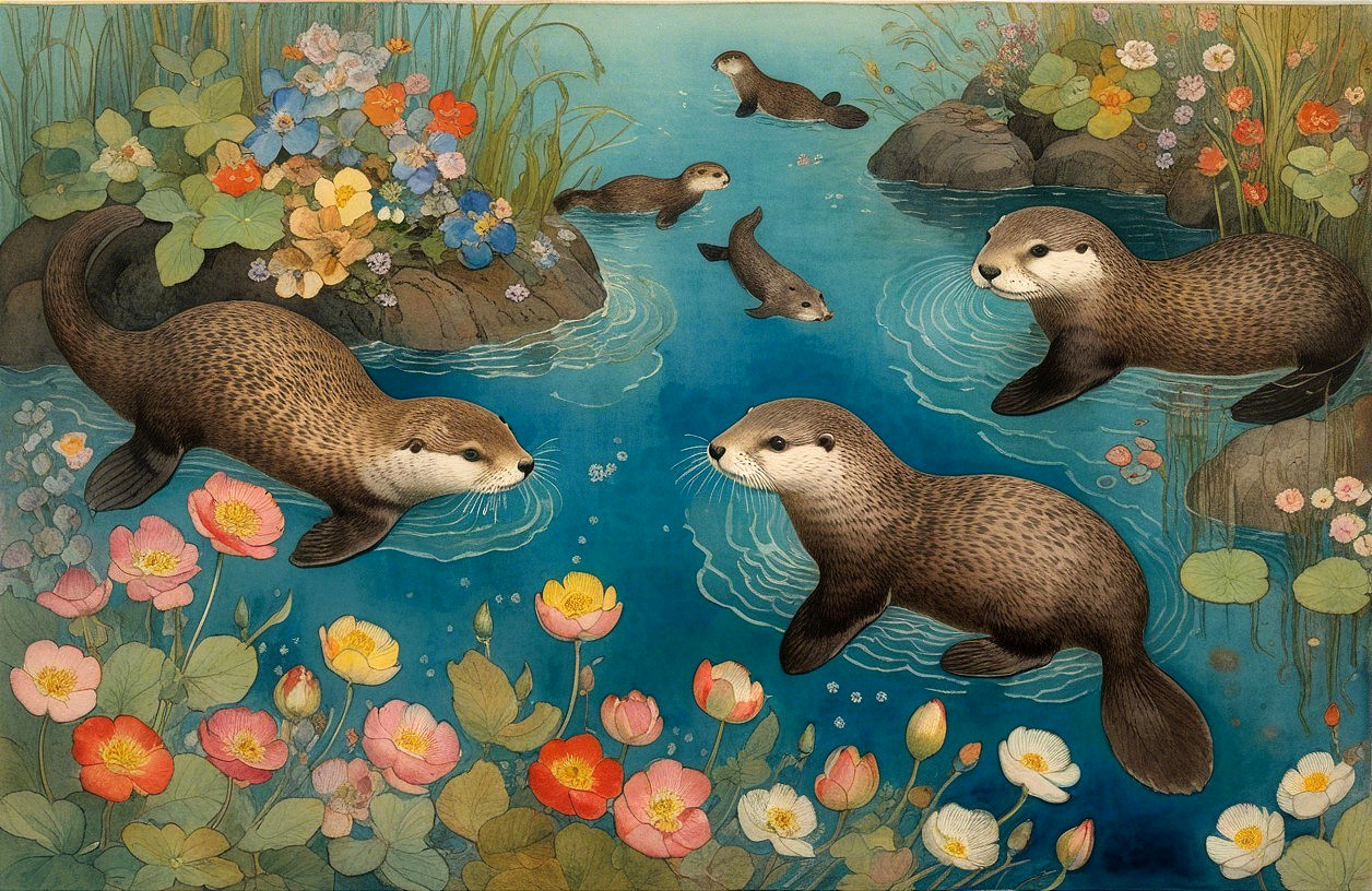 Whimsical Otters Swimming in a Serene Pond Scene