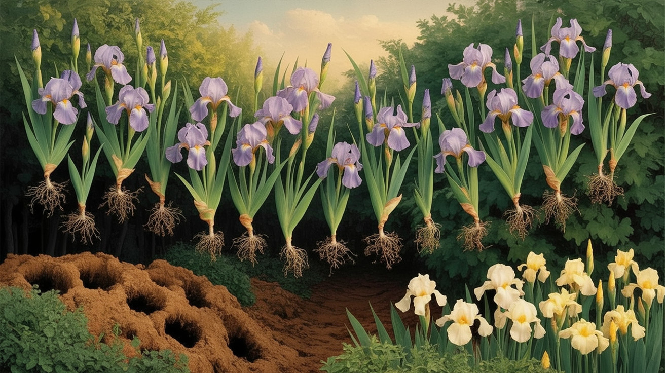 Blooming Iris Flowers in Purple and White Shades
