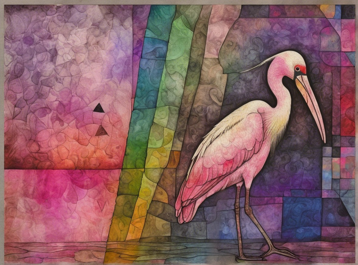 Colorful Illustration of a Pink Bird Wading in Water