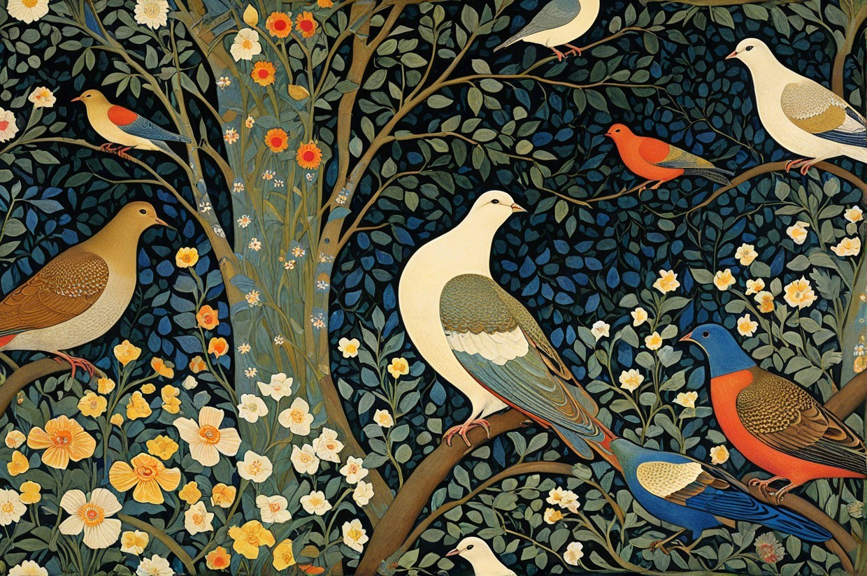 Colorful Birds Among Lush Foliage and Flowers