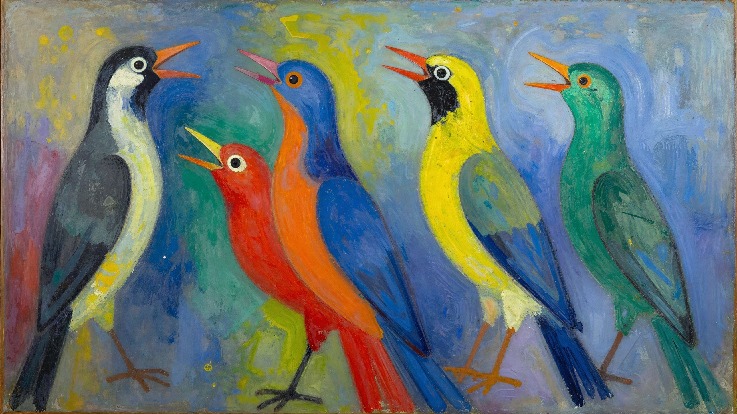 Vibrant Expressionist Oil Painting of Singing Birds