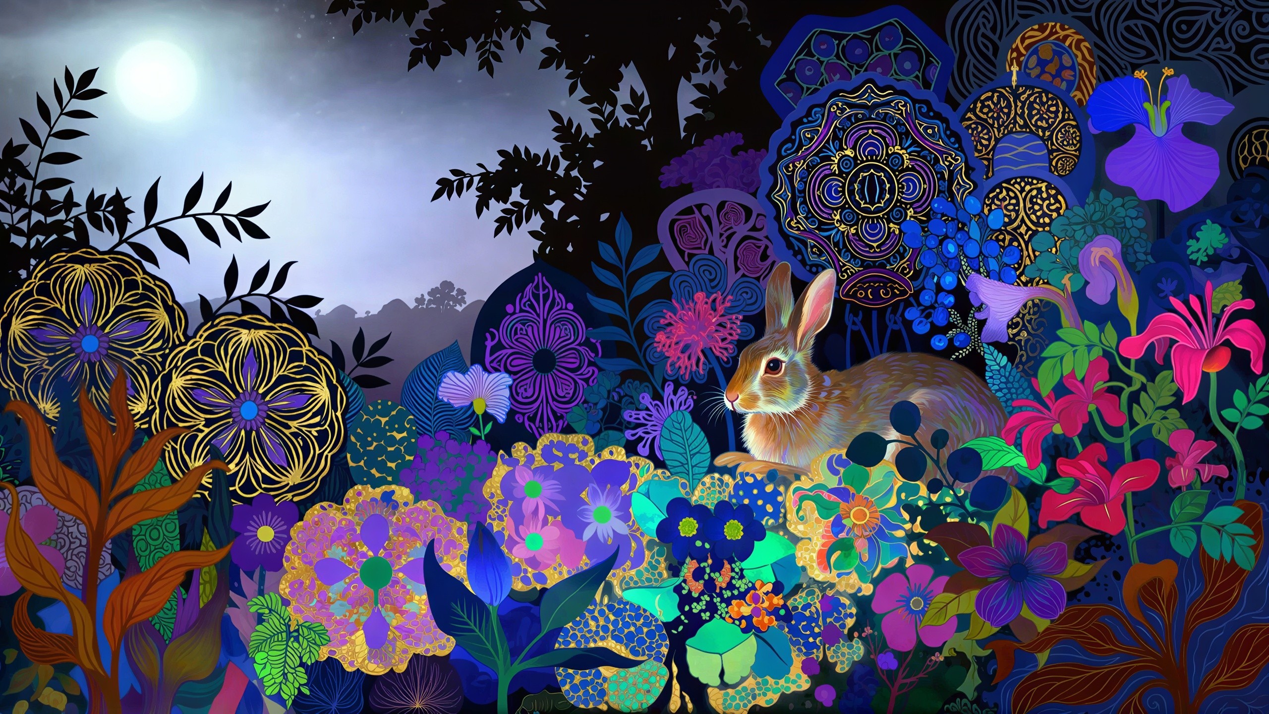 Enchanted Night Garden with Rabbit and Colorful Flora