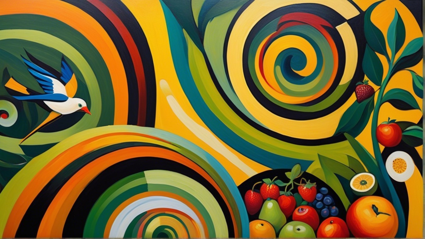 Vibrant Abstract Painting with Nature and Colorful Fruits