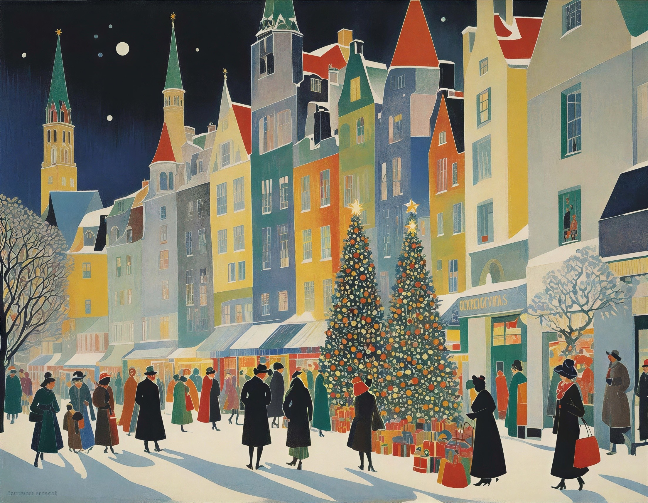 Vibrant Christmas Market Scene in Snowy Town Square