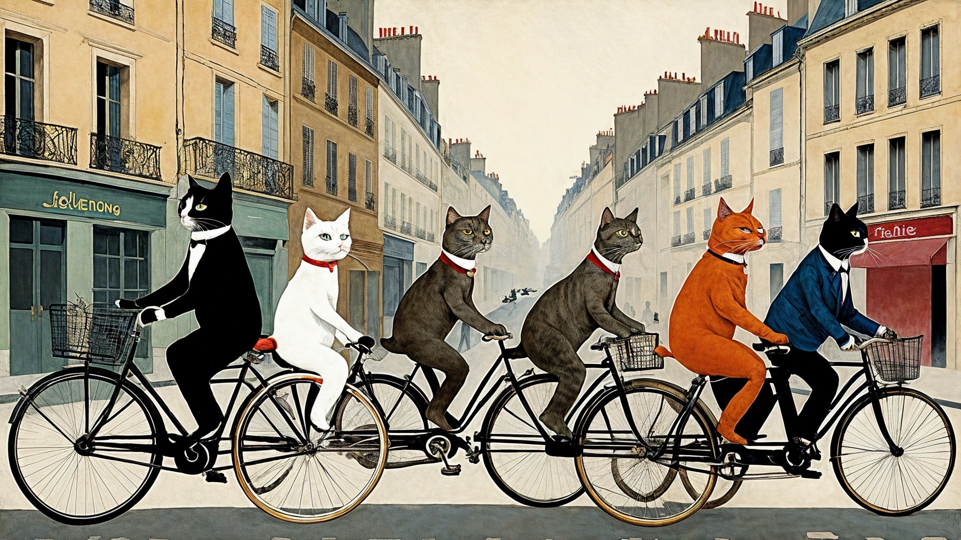 Anthropomorphic cats cycling in Parisian street scene