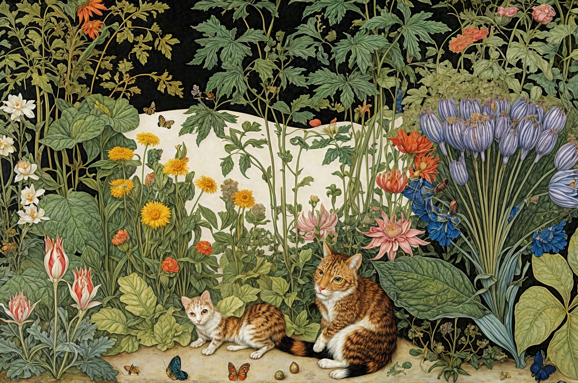 Whimsical Garden Scene with Cats and Vibrant Flowers
