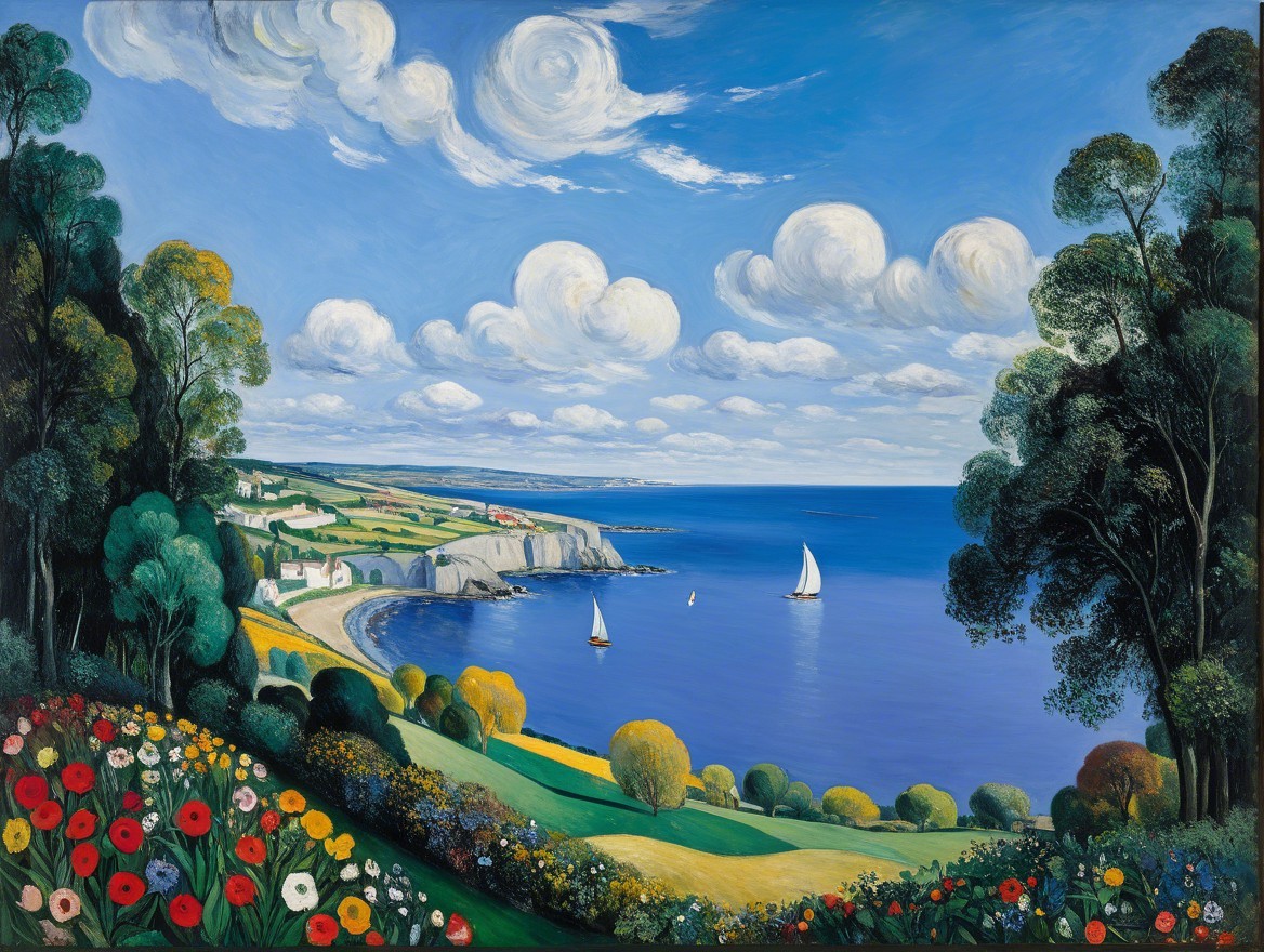 Vibrant Coastal Landscape with Wildflowers and Cottages