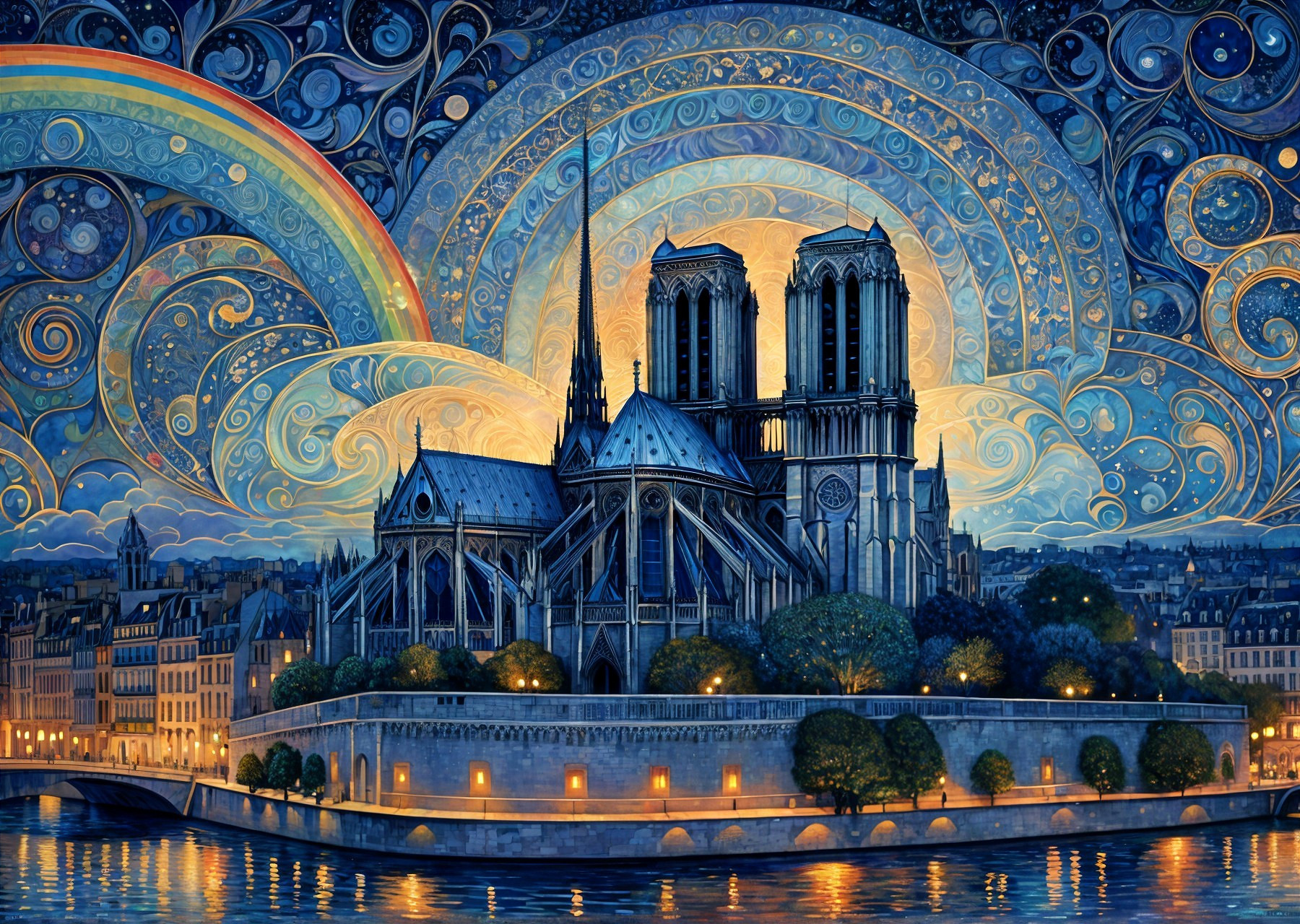 Stylized Notre-Dame Cathedral with Vibrant Colors