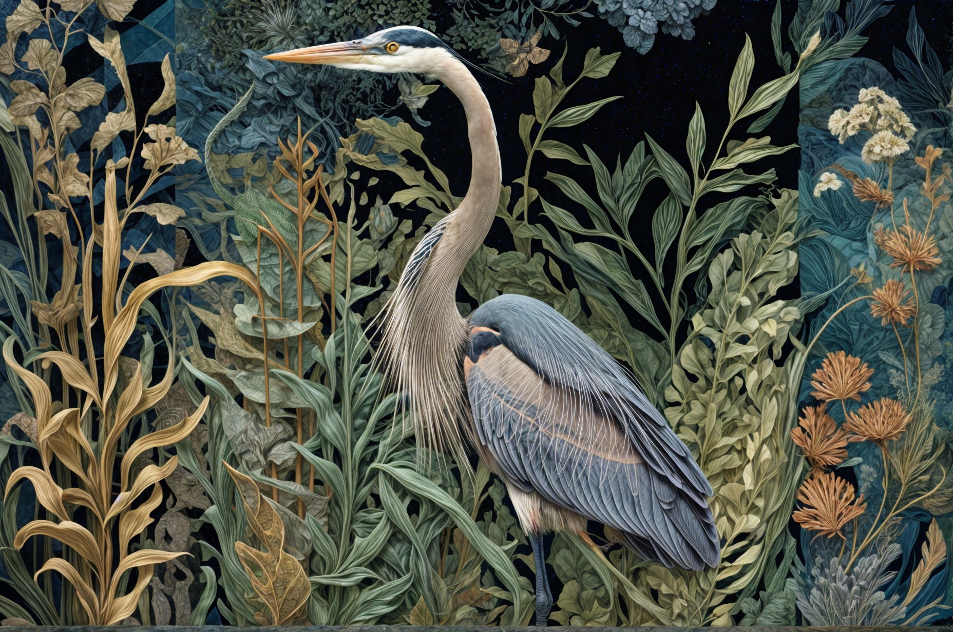 Detailed Illustration of a Heron in Vibrant Foliage