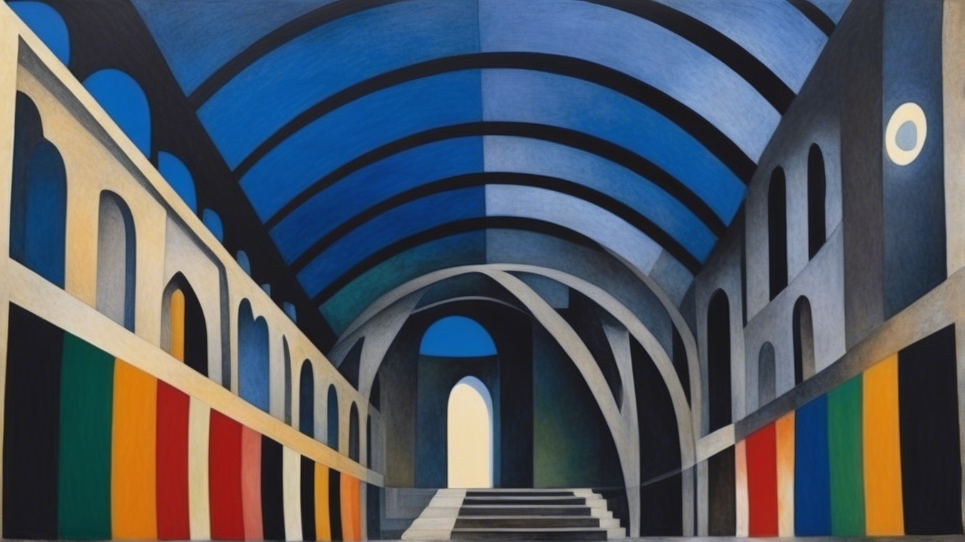 Stylized Grand Interior with Arched Windows and Banners