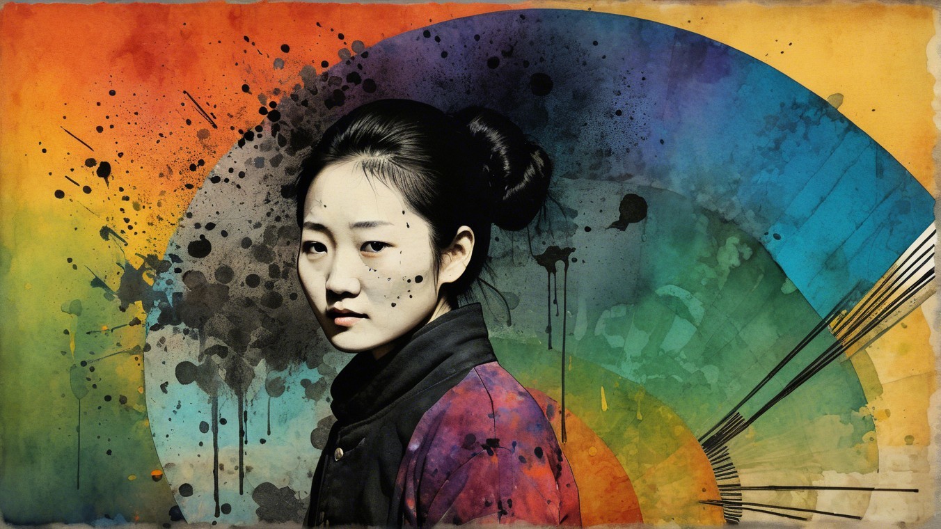 Young woman in vibrant abstract background with patterns