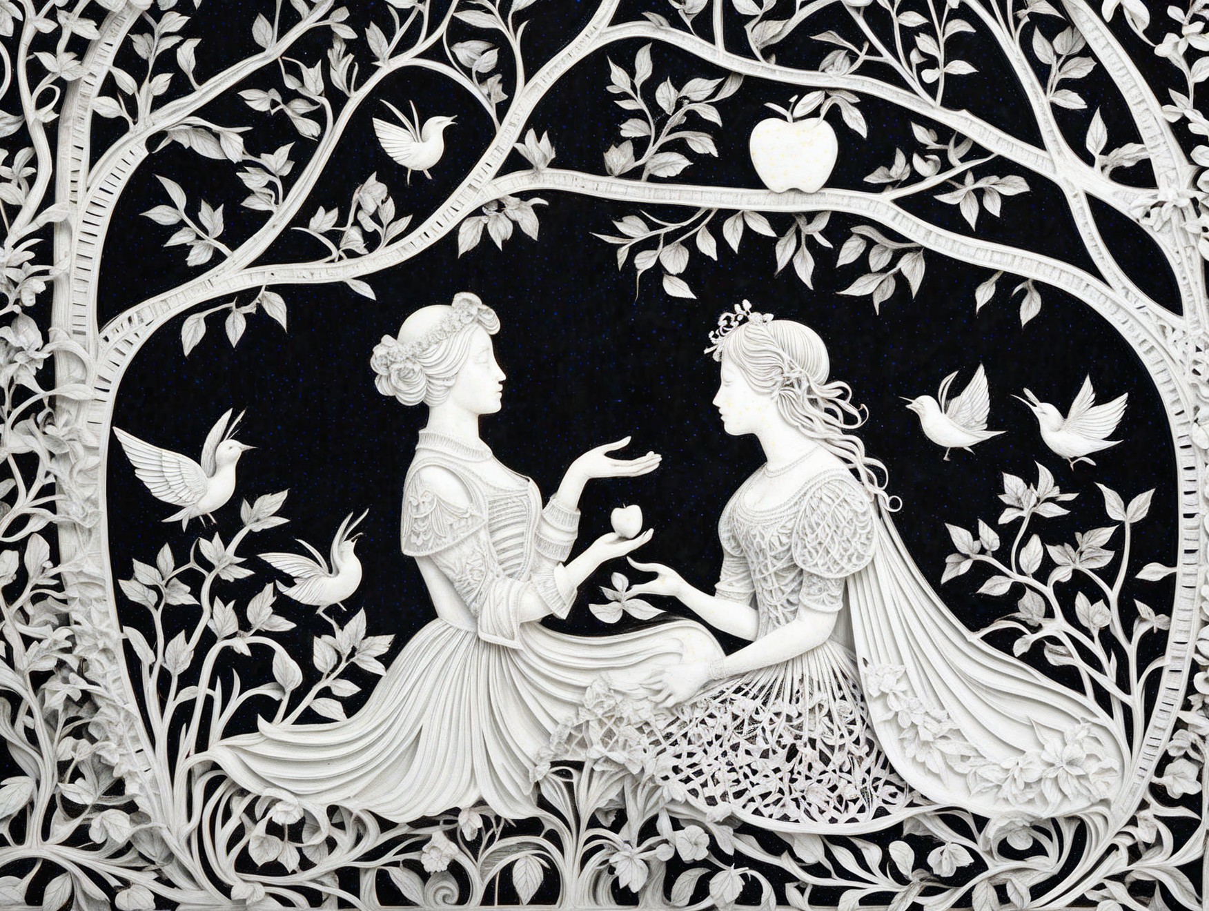 Delicate Paper-Cut Artwork of Women Under a Tree