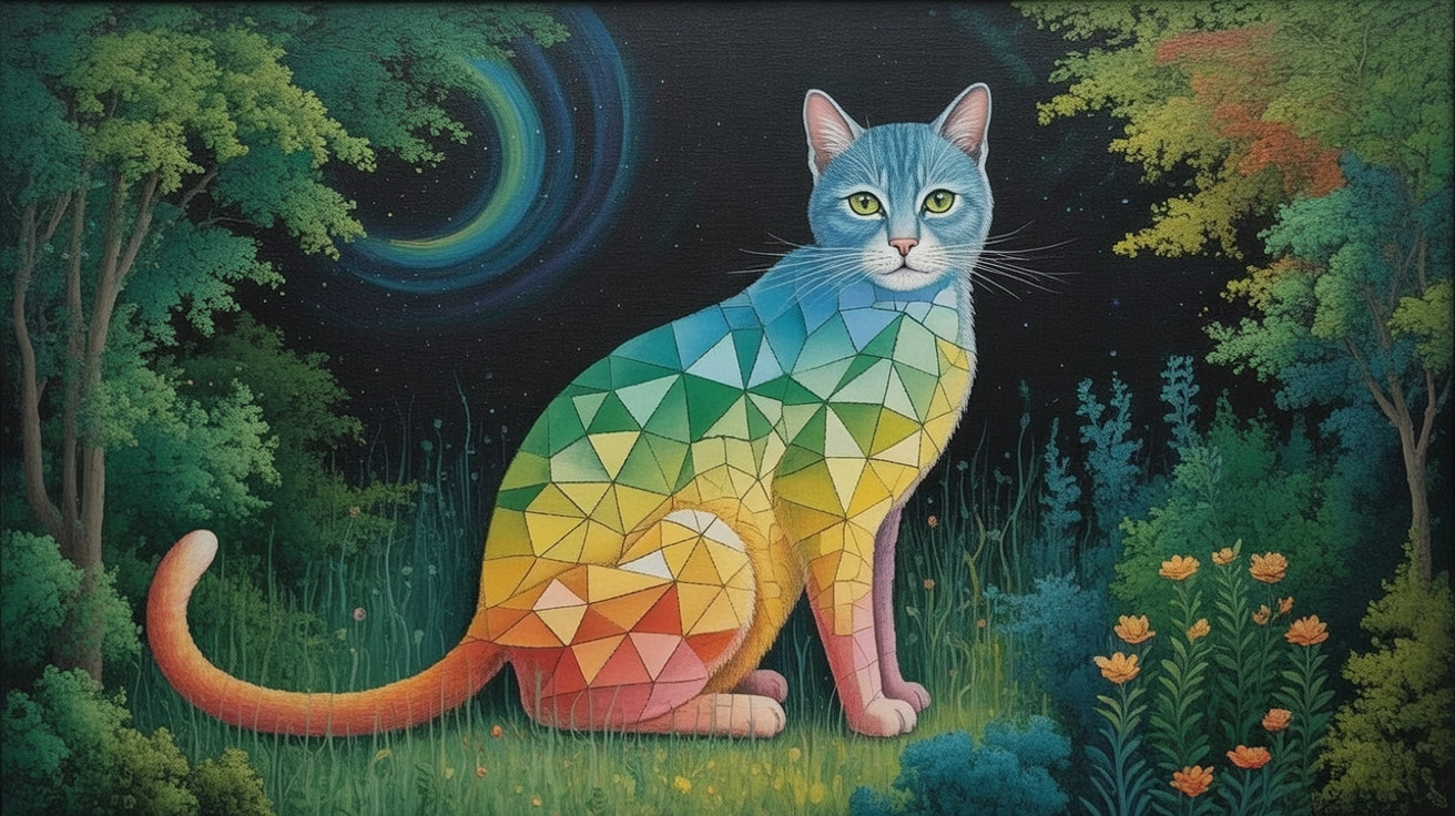 Colorful Geometric Cat in a Vibrant Forest Setting
