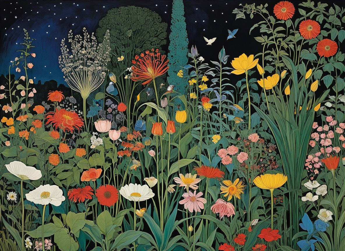 Vibrant Garden Scene with Diverse Flowers and Night Sky