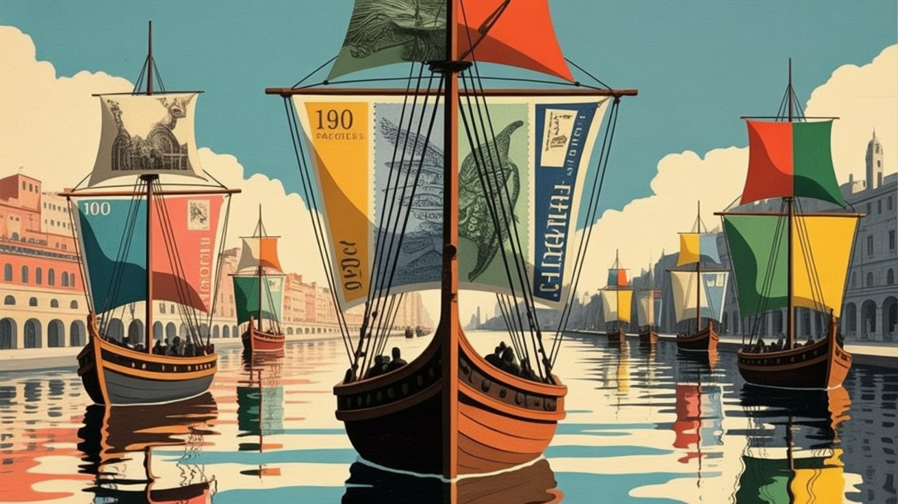 Vibrant Harbor Scene with Colorful Ships and Sails