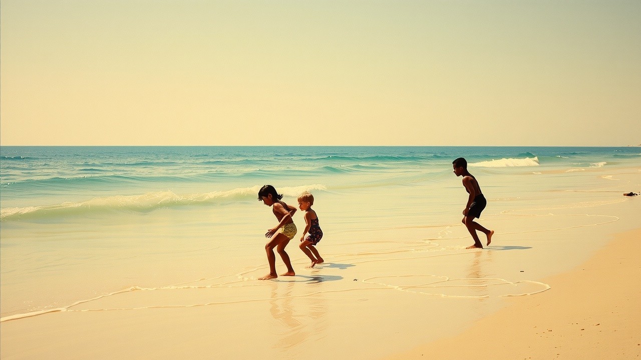Children Playing on a Sandy Beach with Waves