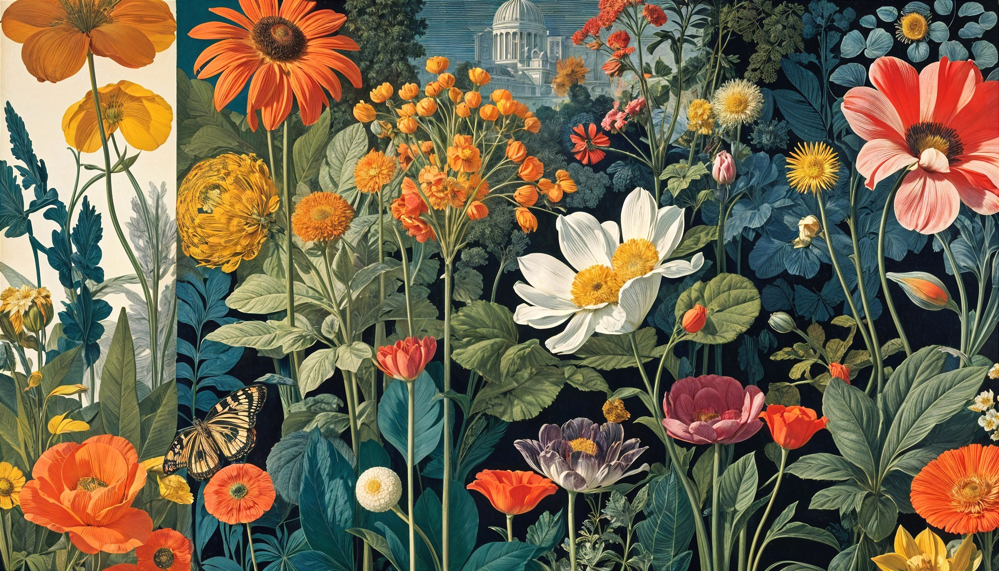 Vibrant Floral Composition with Butterflies and Greenery