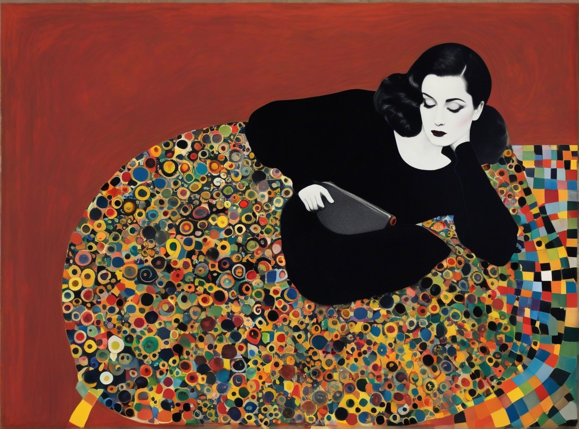 Stylized Woman Reclining on Colorful Patterned Background