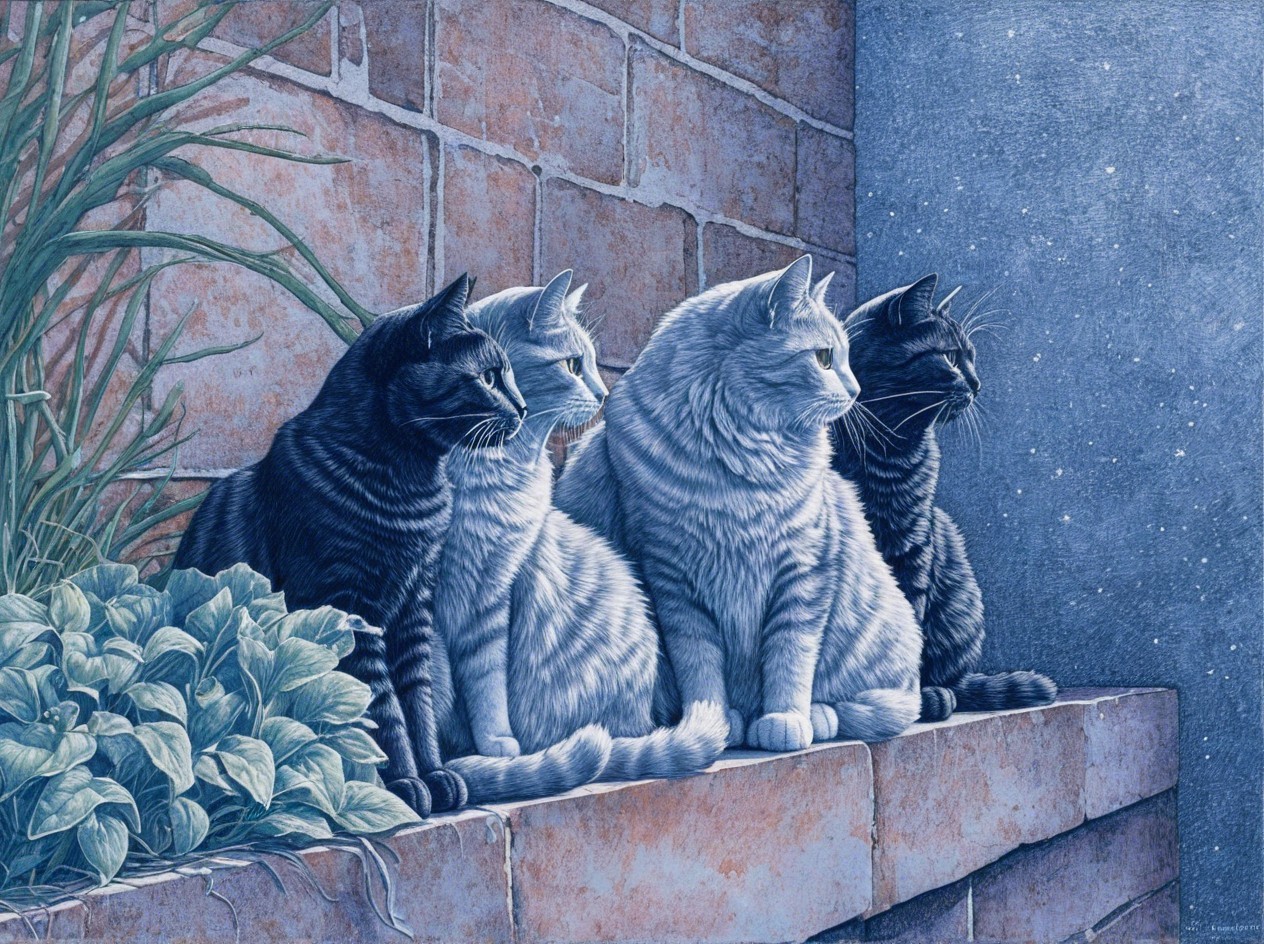 Four Cats on a Stone Ledge Surrounded by Plants