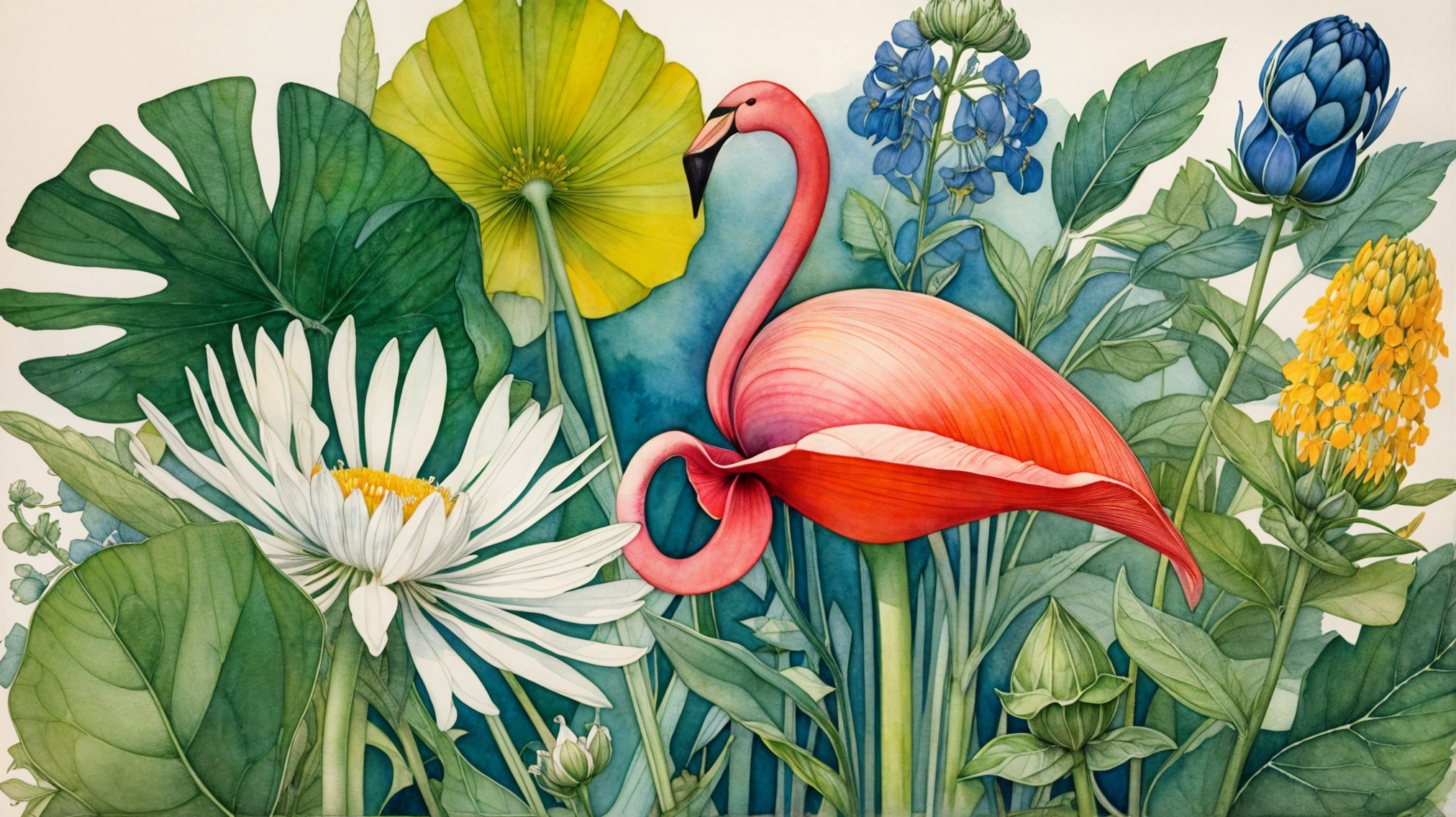 Watercolor Illustration of a Flamingo in a Garden