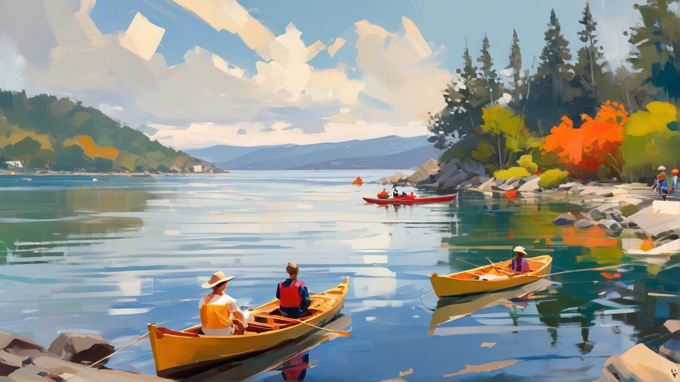 Lakeside Scene with Autumn Foliage and Canoes