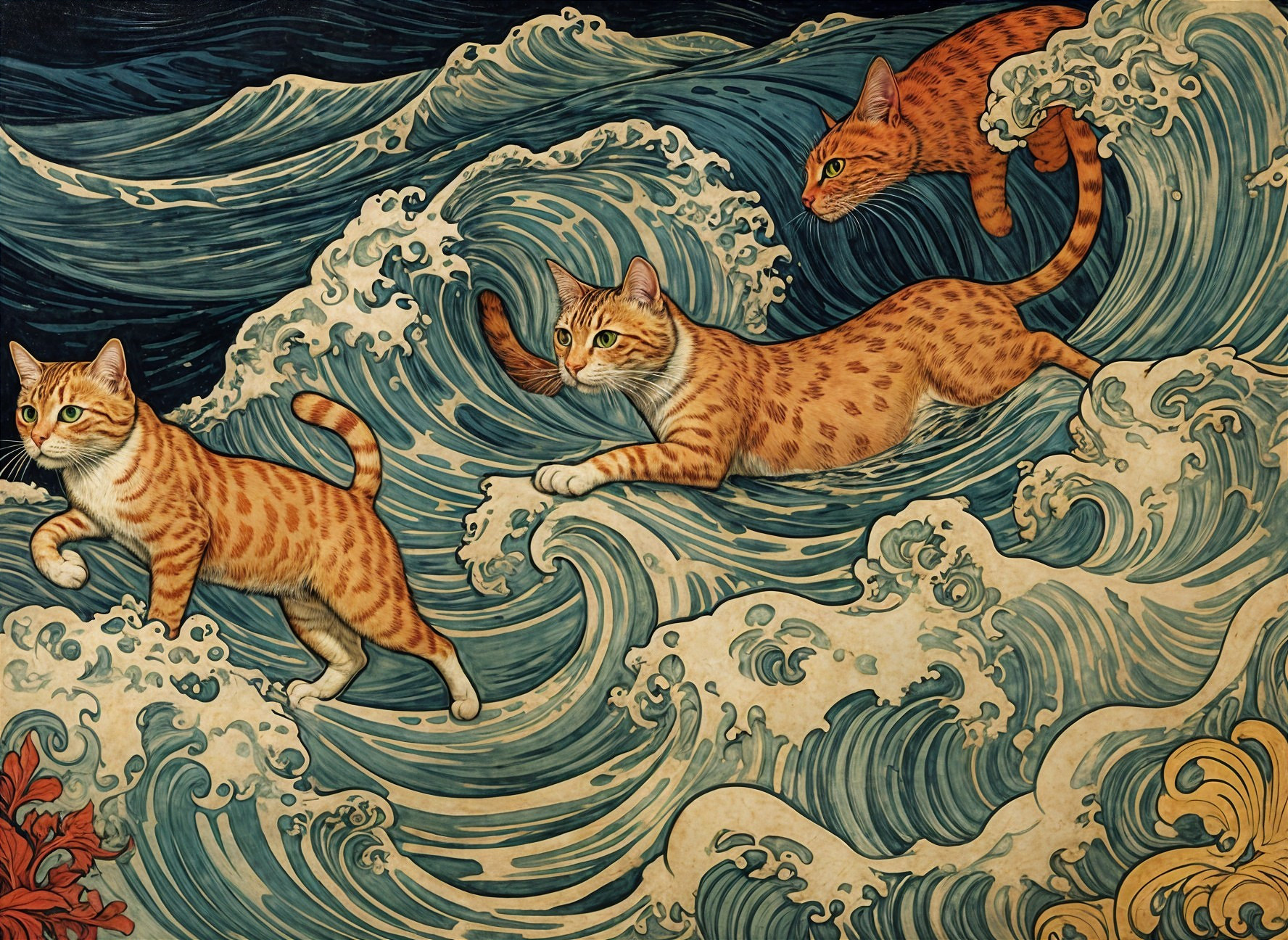 Orange Tabby Cats in Turbulent Ocean Waves