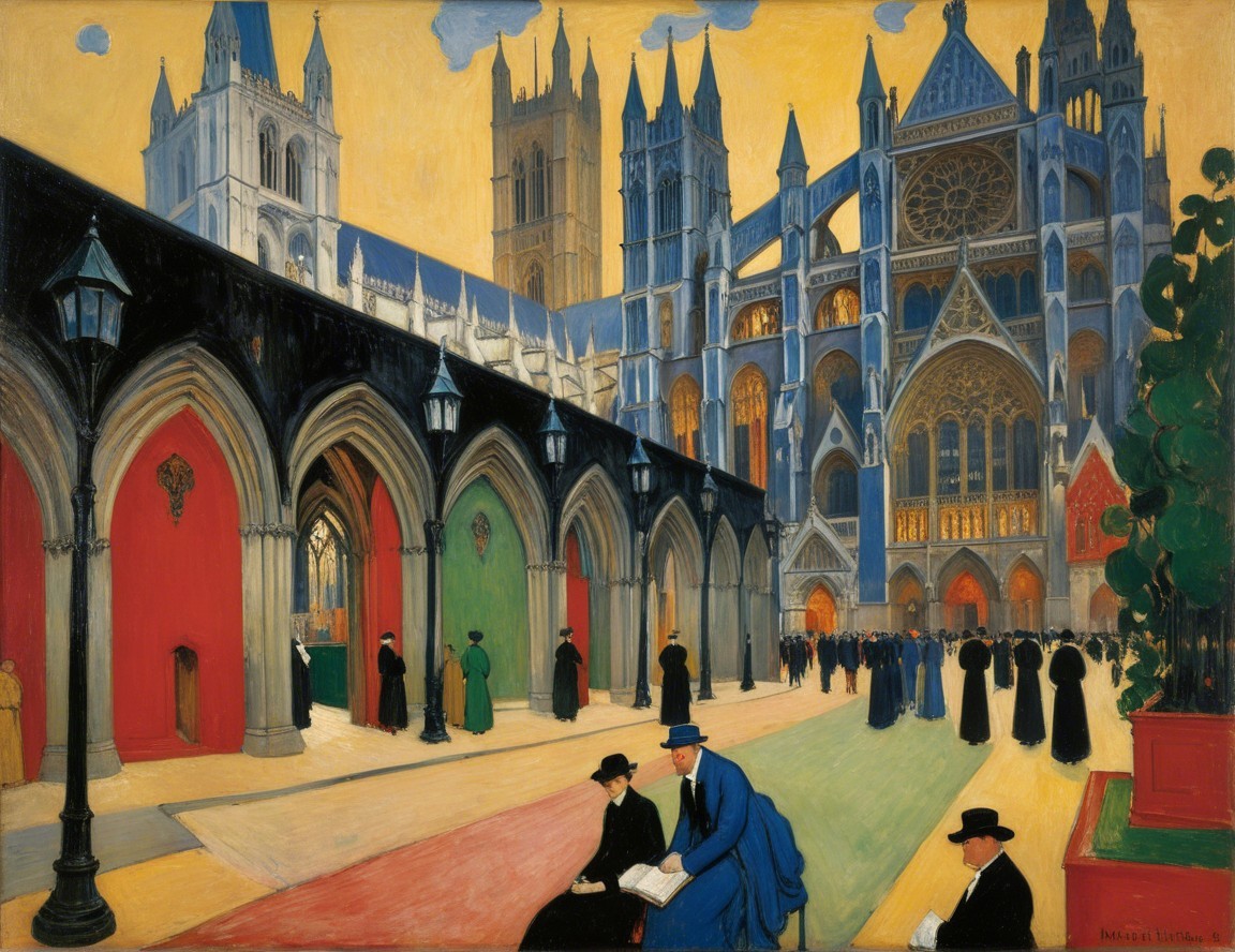 Vibrant Painting of a Grand Gothic Cathedral Scene
