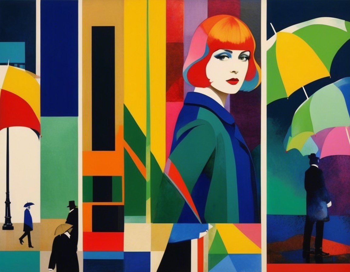 Geometric Artwork of Woman in Blue Coat and Umbrellas
