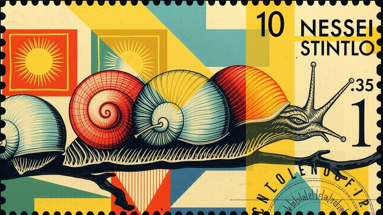 Colorful Artistic Stamp of Stylized Snail on Branch