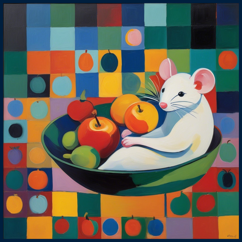 Whimsical Painting of Mouse in Fruit Bowl with Mosaic