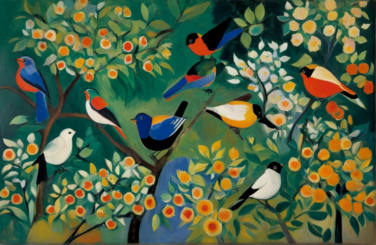 Colorful Birds on Branches in Lush Nature Scene