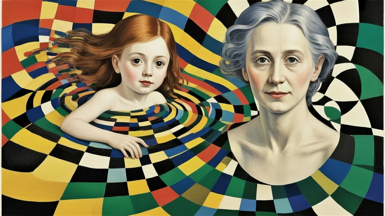 Surreal Composition of Young Girl and Older Woman