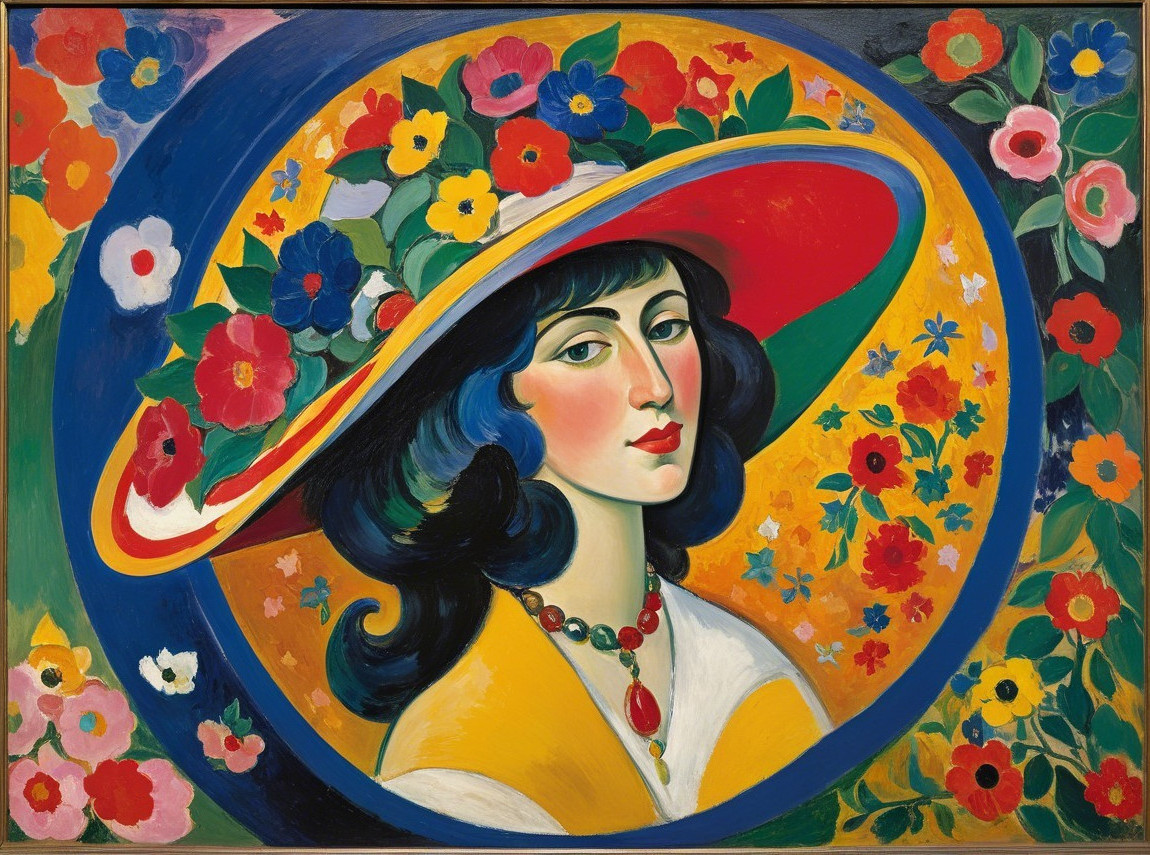Woman with Decorative Hat and Colorful Floral Background