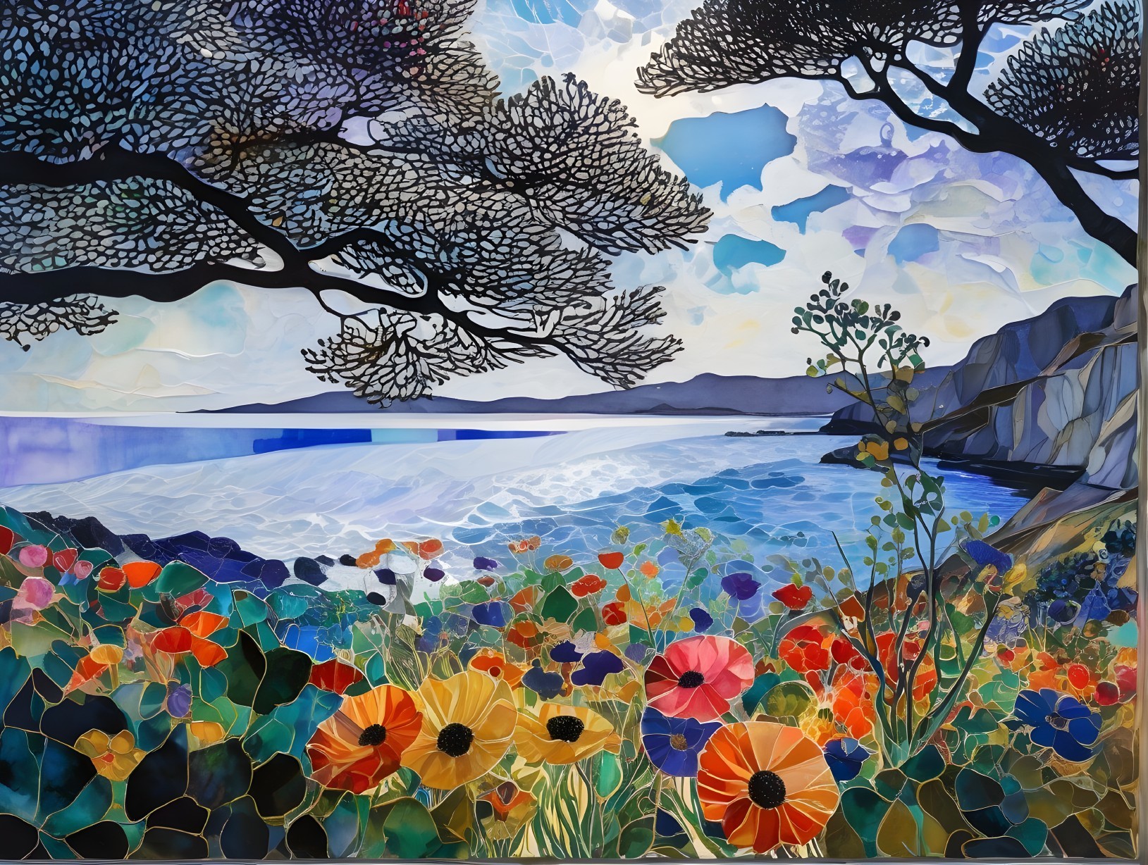 Colorful Stained Glass Seascape with Flowers and Trees