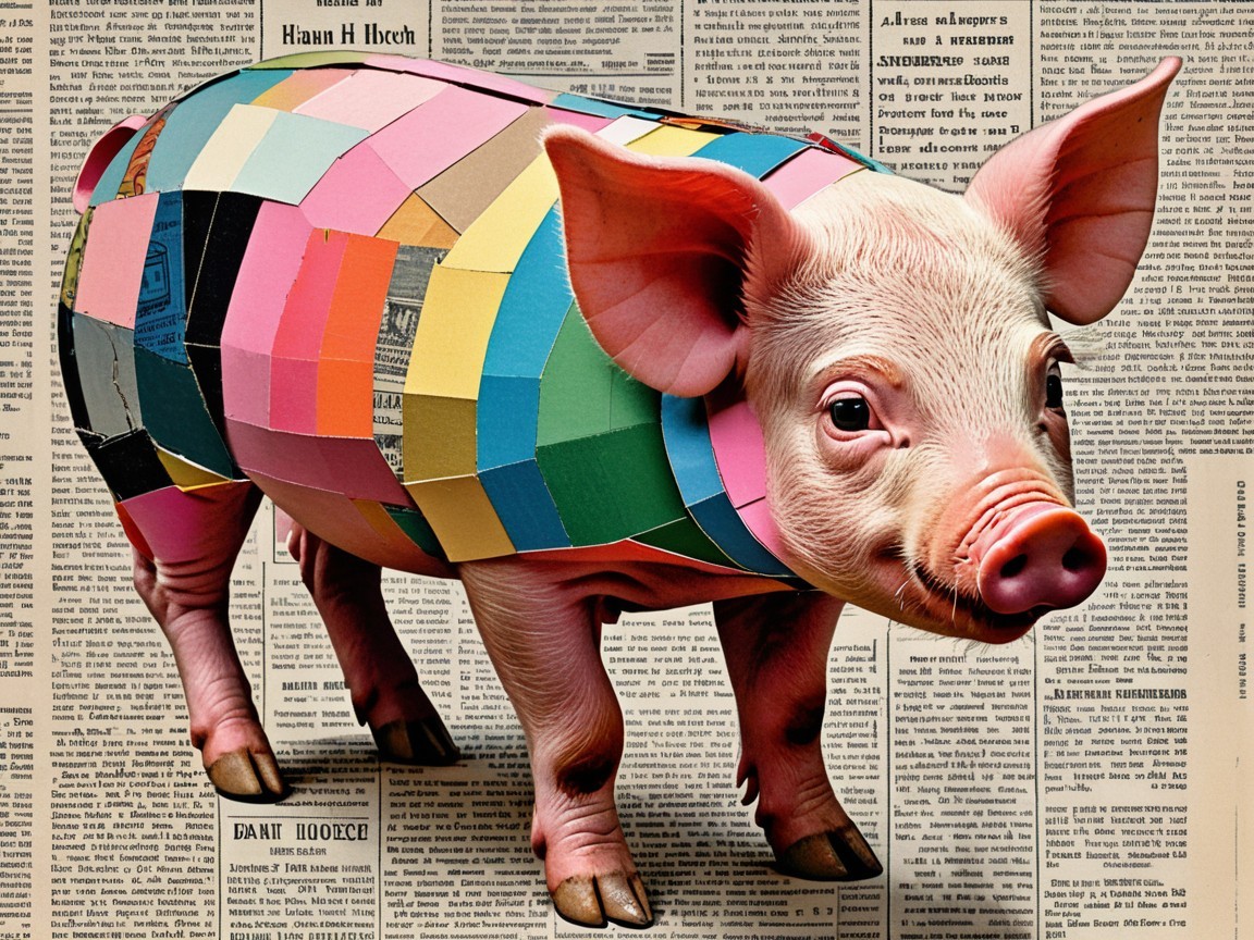 Stylized Pig with Colorful Patches on Newspaper Backdrop
